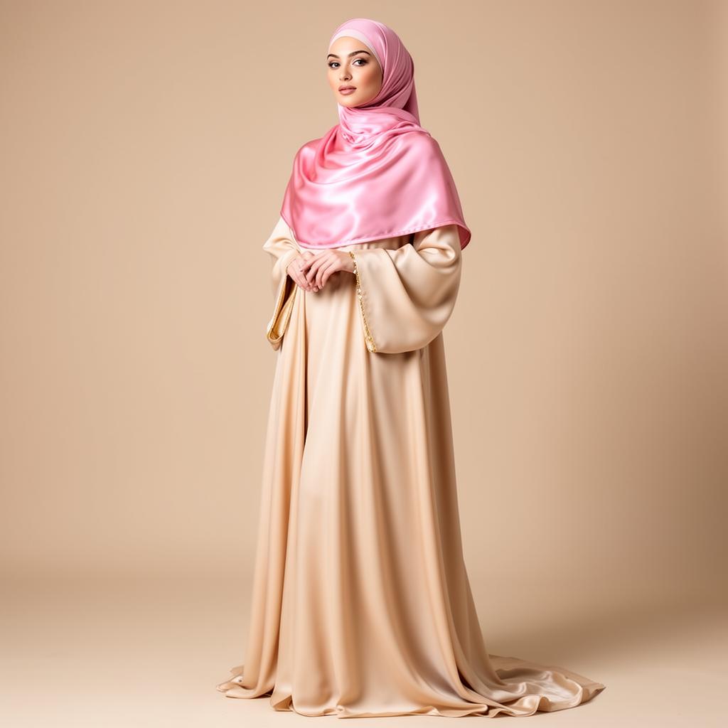 Femme élégante en hijab de soie rose et abaya beige